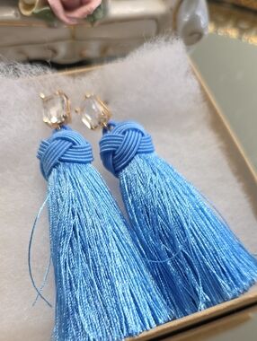 Blue and Crystal Tassel Drop Earrings - Elegant Fringe Statement